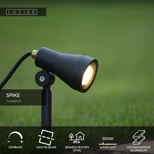 Lucide SPIKE - Tuinspot - Ø 6,5 cm - LED Dimb. - GU10 - 1x5W 3000K - IP54 - Zwart - USP